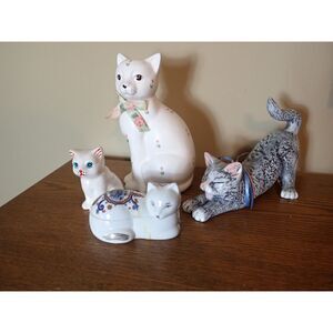 Cat Figure Lot Glass Porcelain Vintage White Gray (4) Lot Whimsical Cat Lady